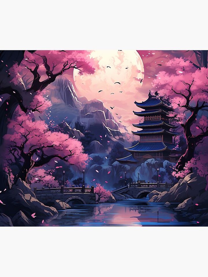 Blossom's Dream: Japanese Castle in Moonlit Serenity Tapestry