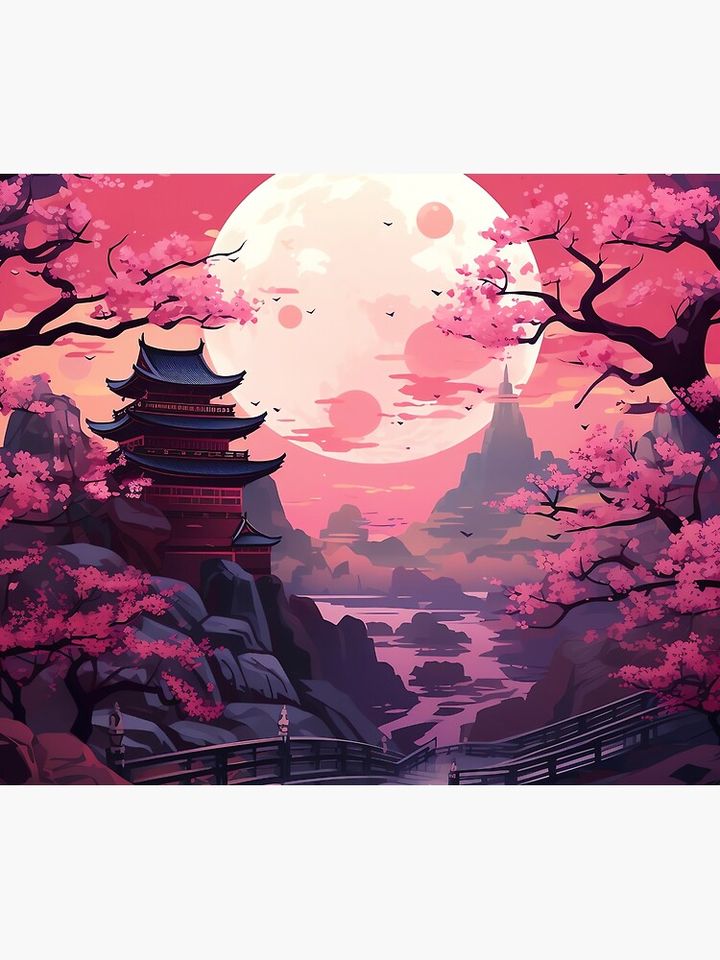 Moonlit Fantasy Japanese Castle's Blossom Tapestry
