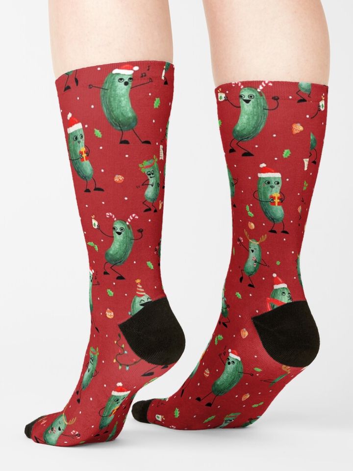 Christmas Pickle Pattern on Red Socks