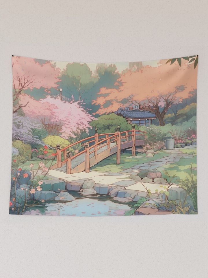 A garden with muted pastel anime Tapestry