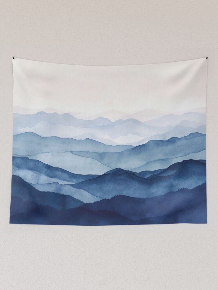 Blue Misty Mountains Watercolor Indigo Tapestry