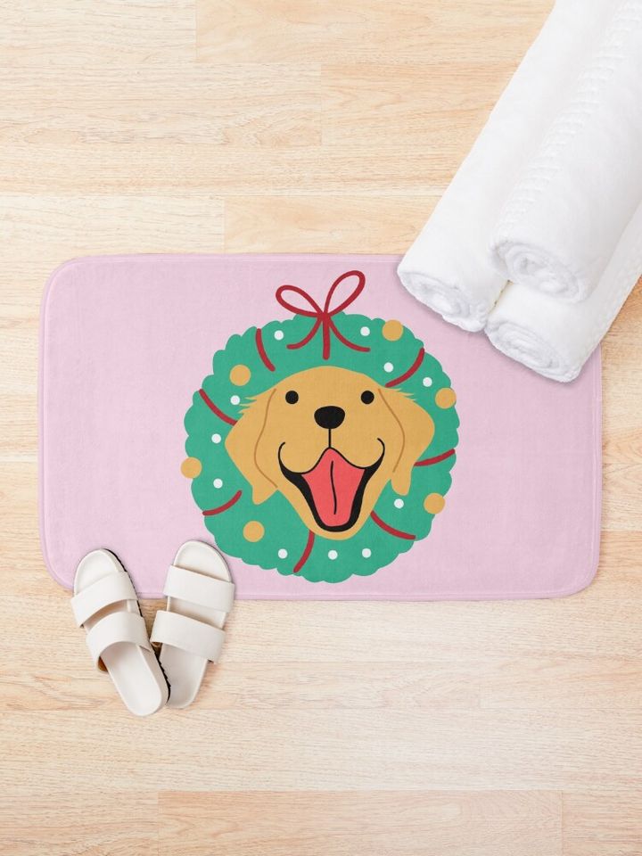 Golden Retriever Christmas Wreath Bath Mat