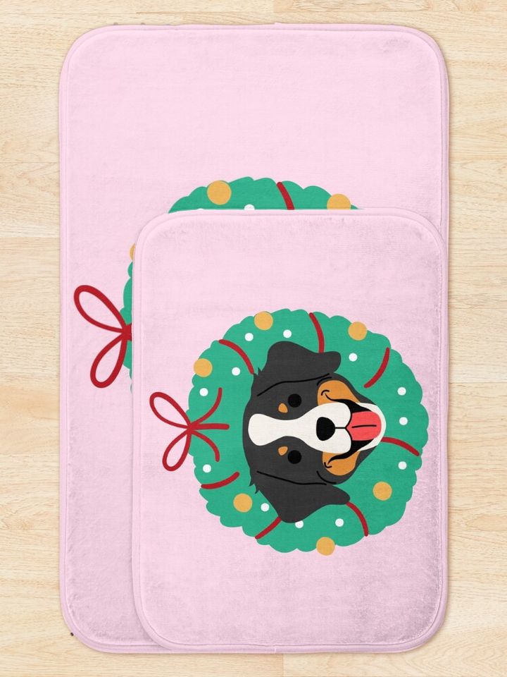 Bernese Mountain Dog Christmas Wreath Bath Mat