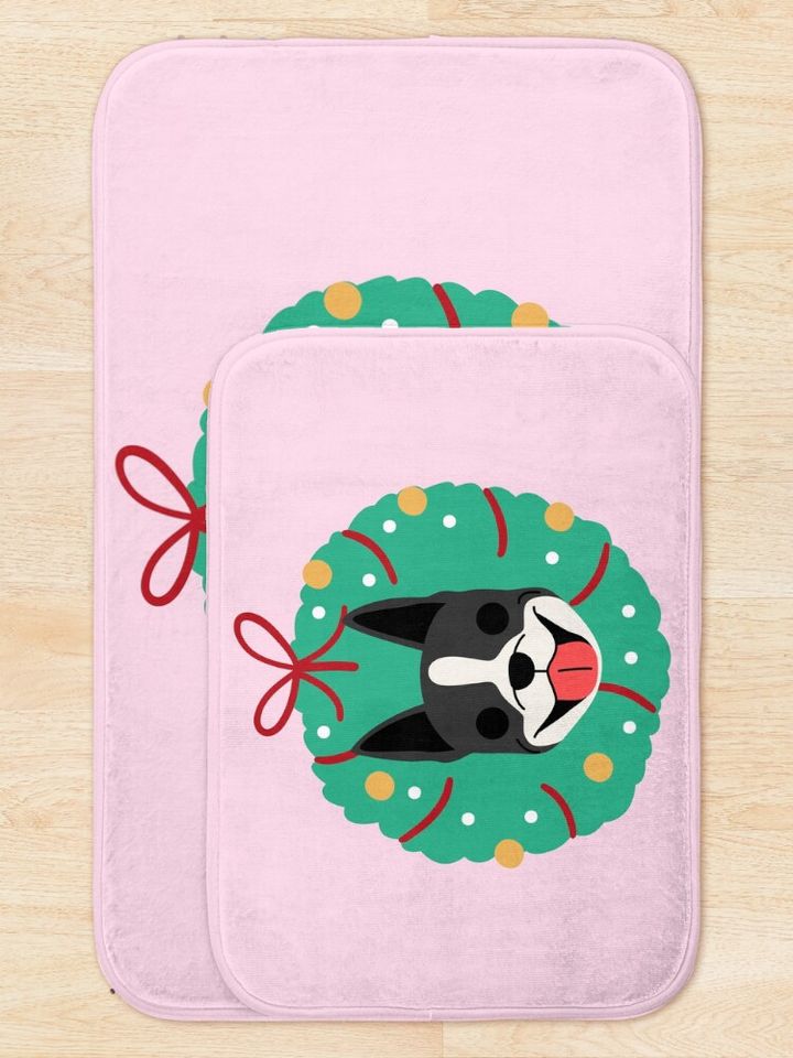 Boston Terrier Dog Christmas Wreath Bath Mat