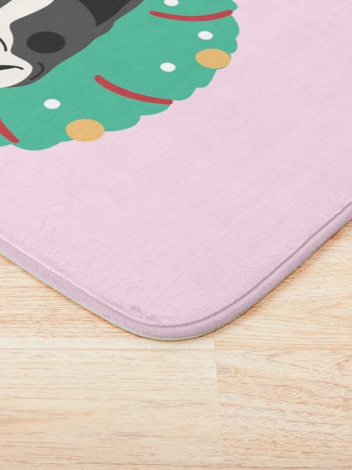 Boston Terrier Dog Christmas Wreath Bath Mat