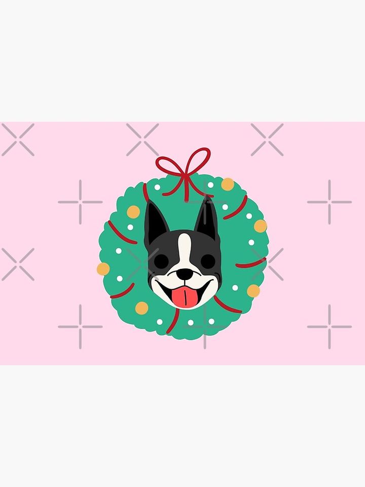 Boston Terrier Dog Christmas Wreath Bath Mat