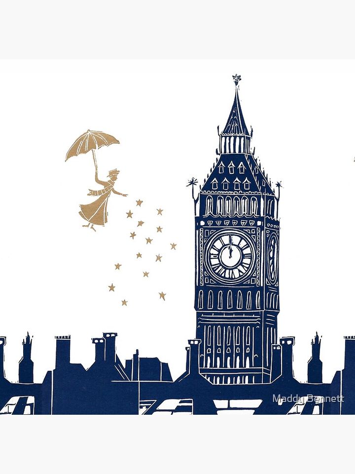 Mary Poppins and Big Ben Linocut Pillow