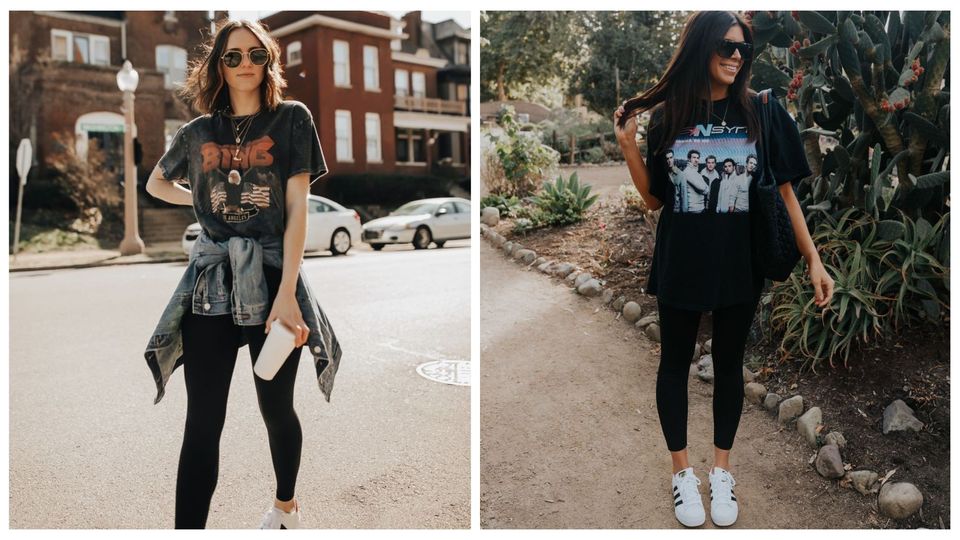 Girls wearing graphic t-shirt and leggings outfit