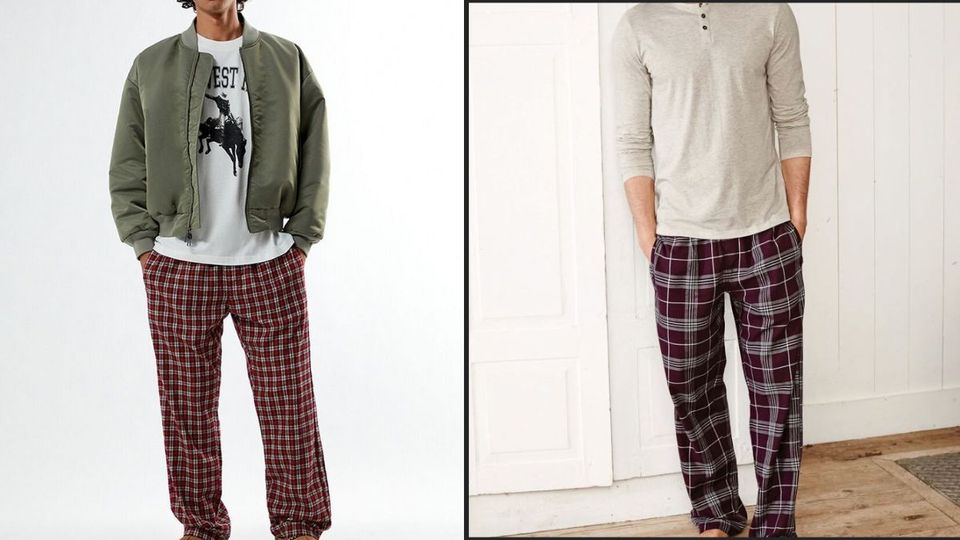men wearing red plaid pajama pants and hoodies or sweatshirts