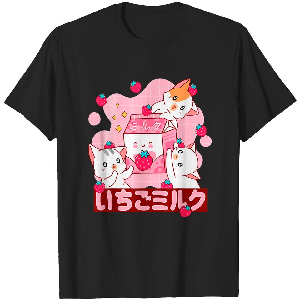 Pink Anime Aesthetic T-Shirt Strawberry Milk Cat