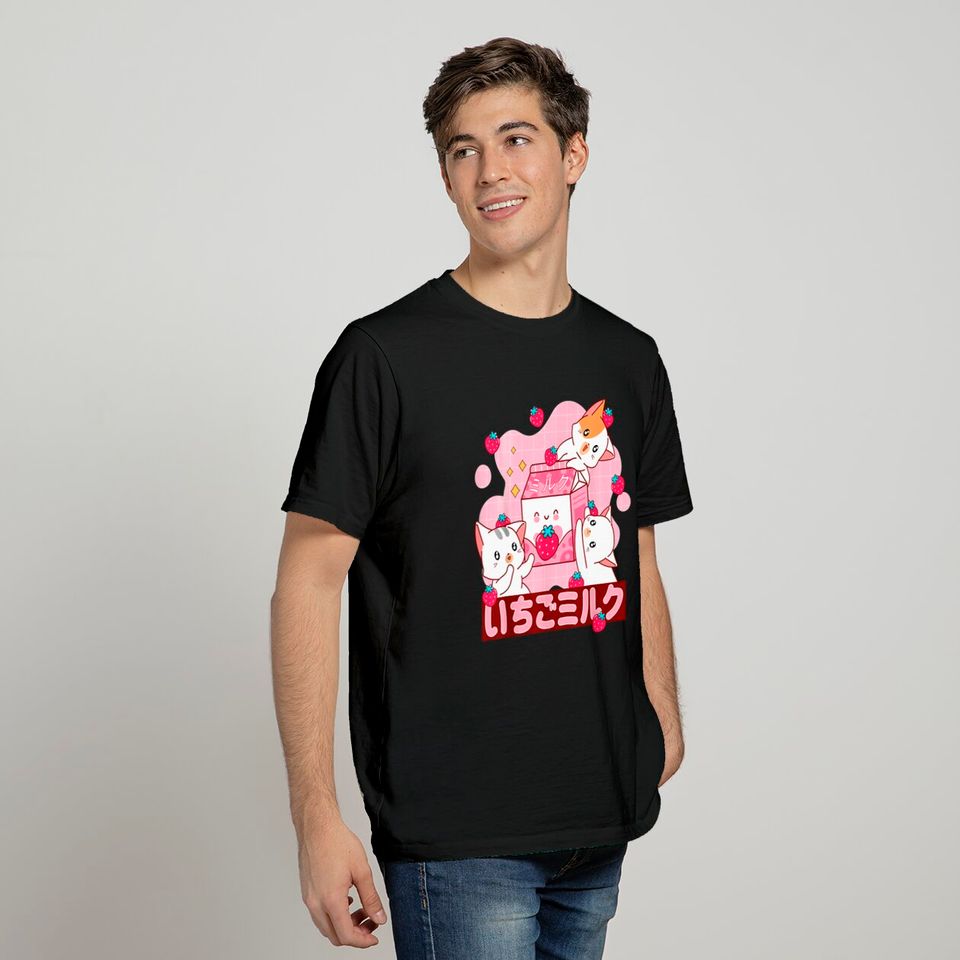 Pink Anime Aesthetic T-Shirt Strawberry Milk Cat