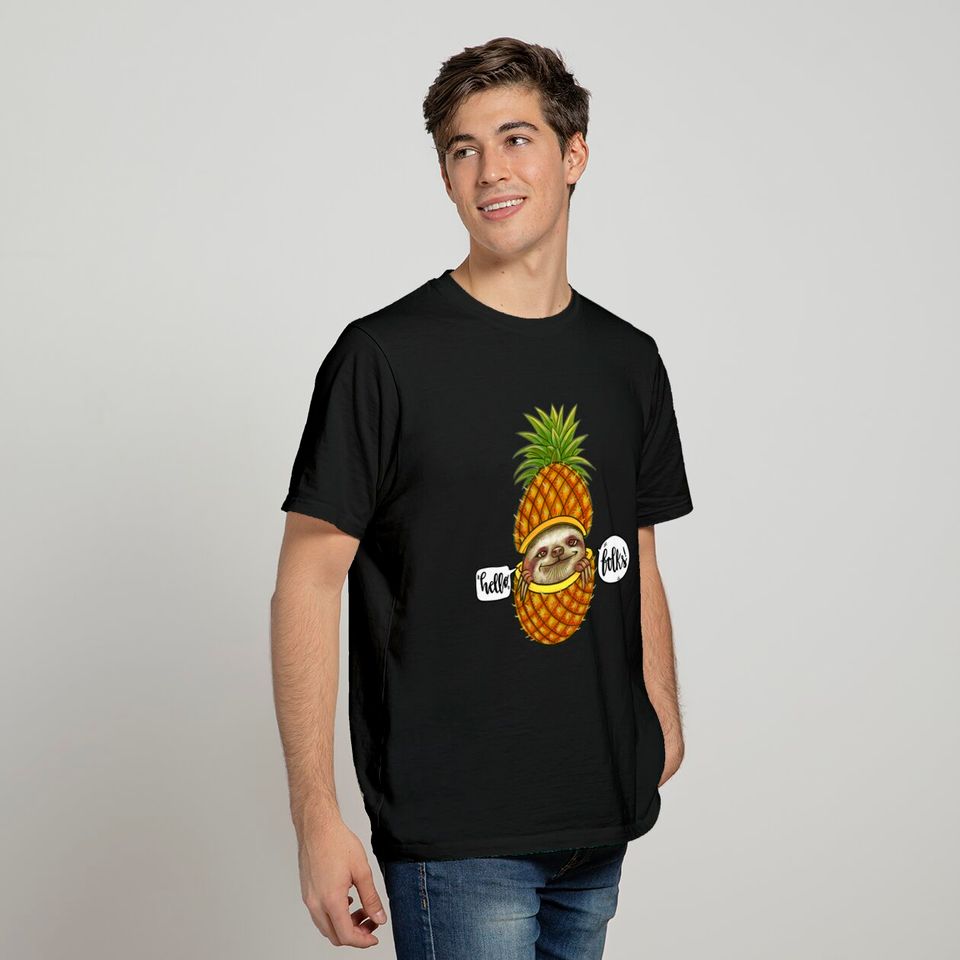 Cute Cartoon Sloth peeking through a Pineapple Hello Folks T-Shirt