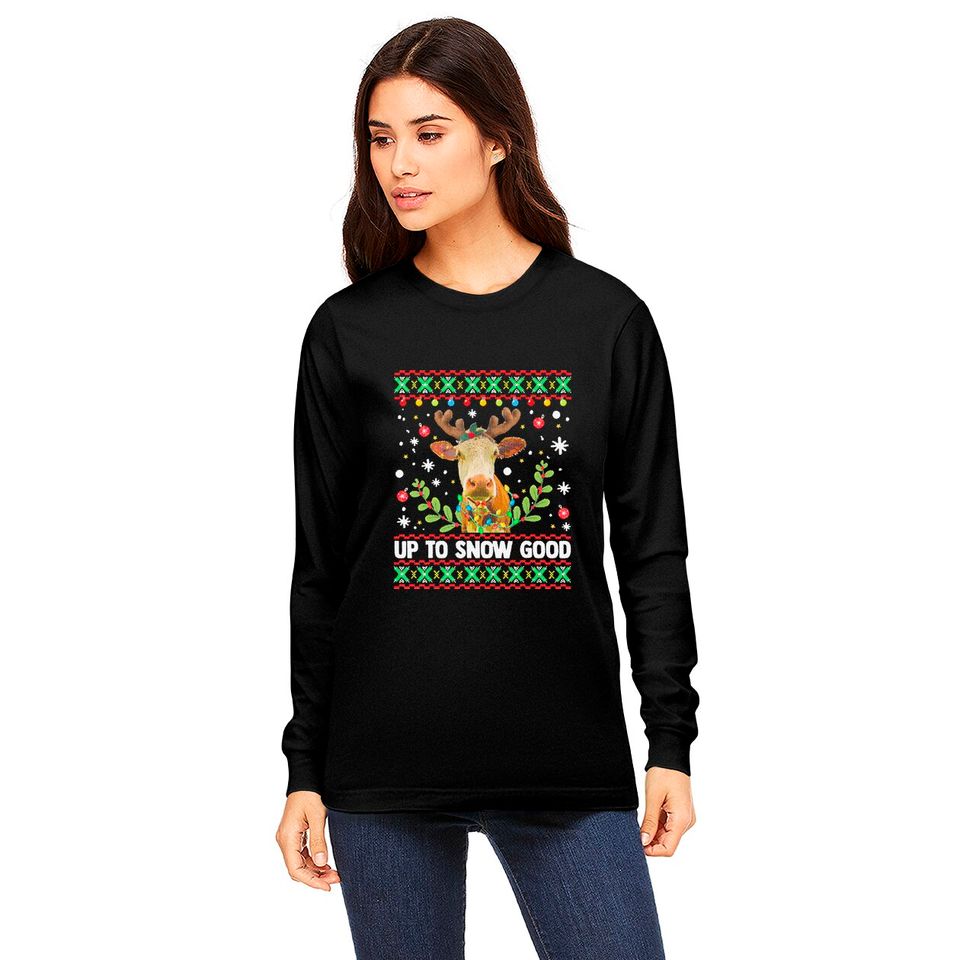 Farmer Cow Reindeer Funny Heifers Christmas Lights Ugly Sweater Long Sleeves