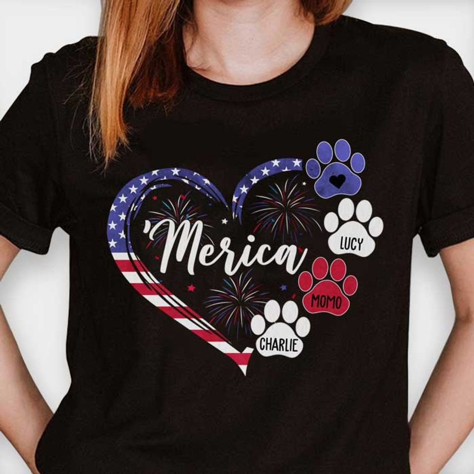 Dog Paw Prints Heart Firework - Gifts For 4th Of July - Personalized Unisex T-Shirt