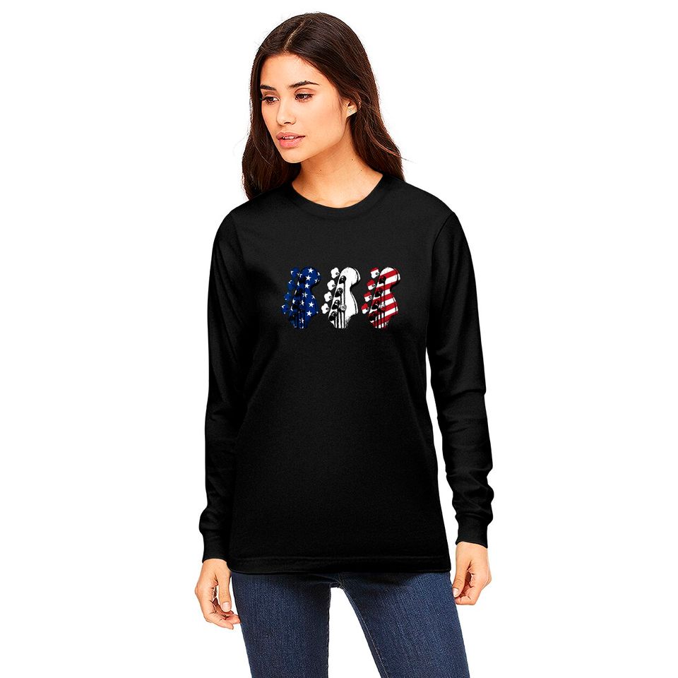 Red White Blue Guitar Head Guitarist 4th Of July Long Sleeves