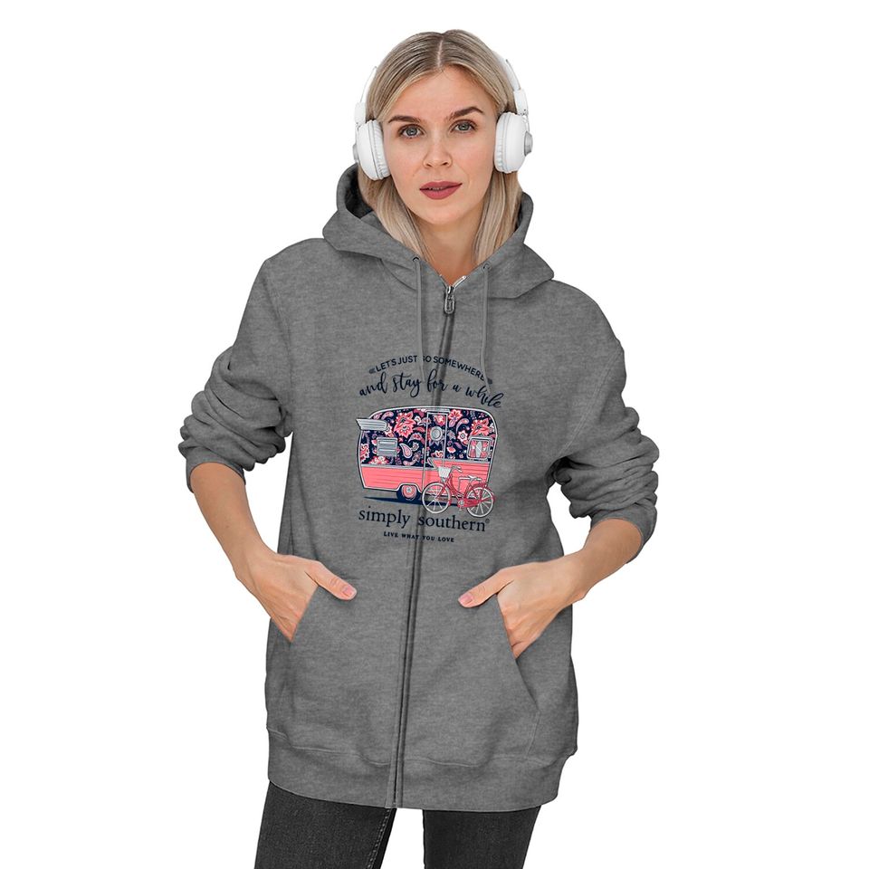 Simply Southern Let's Just Go Somewhere and Stay a While Short Sleeve Zip Hoodies