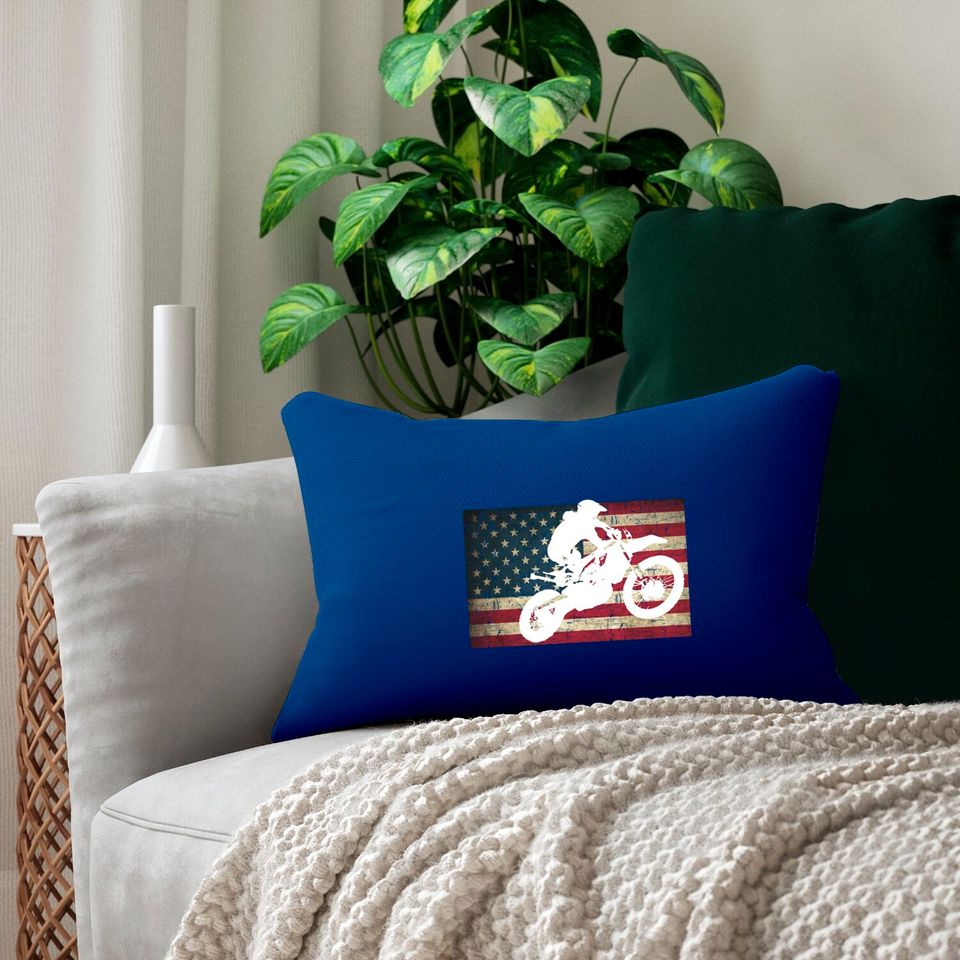 Dirt Bike Silhouette Distressed American Flag Motocross Pullover Lumbar Pillows