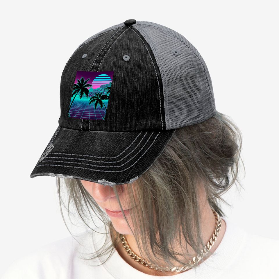 Retro 80s Vaporwave Sunset Sunrise With Outrun style grid Trucker Hats