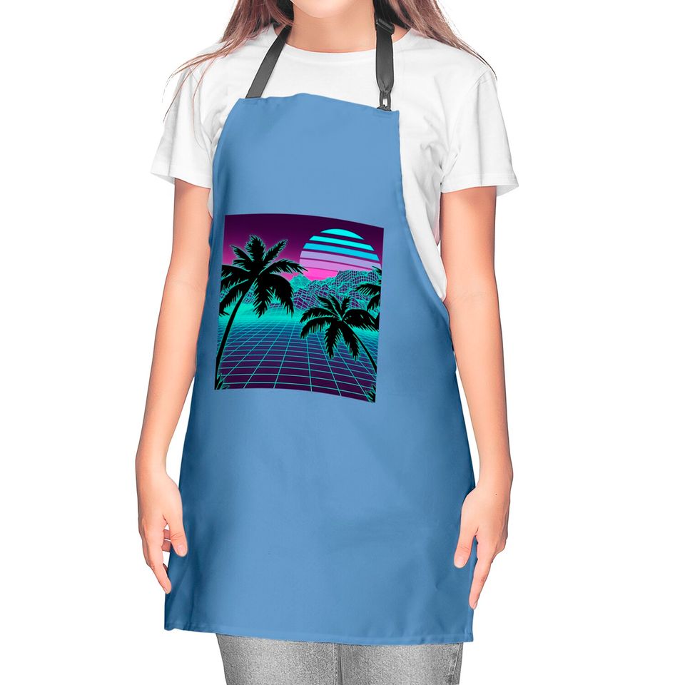 Retro 80s Vaporwave Sunset Sunrise With Outrun style grid Kitchen Aprons