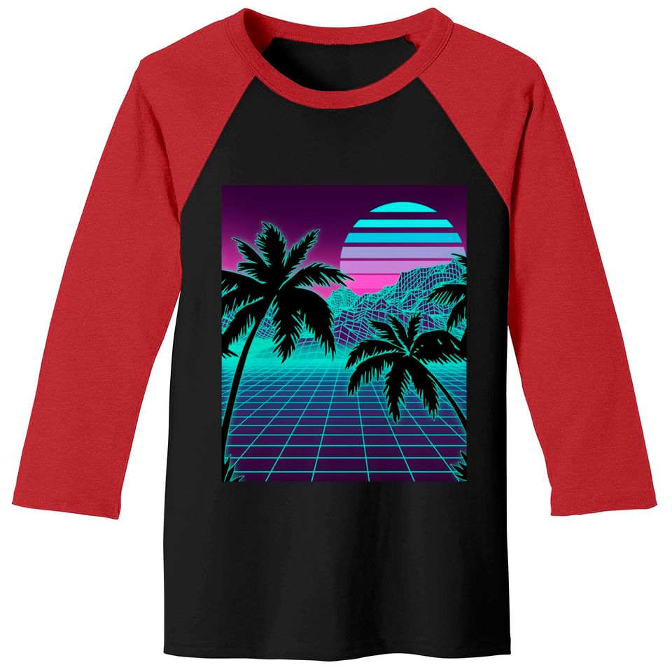 Retro 80s Vaporwave Sunset Sunrise With Outrun style grid Baseball Tees