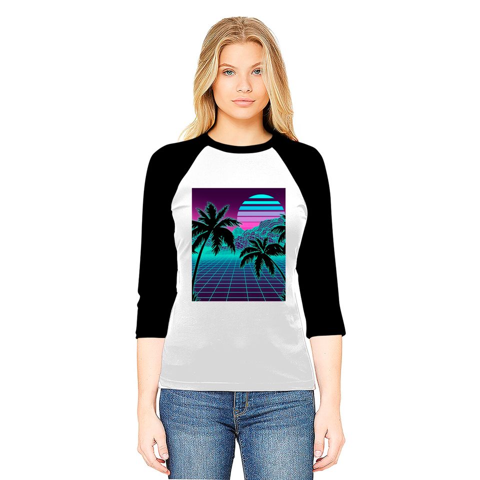 Retro 80s Vaporwave Sunset Sunrise With Outrun style grid Baseball Tees