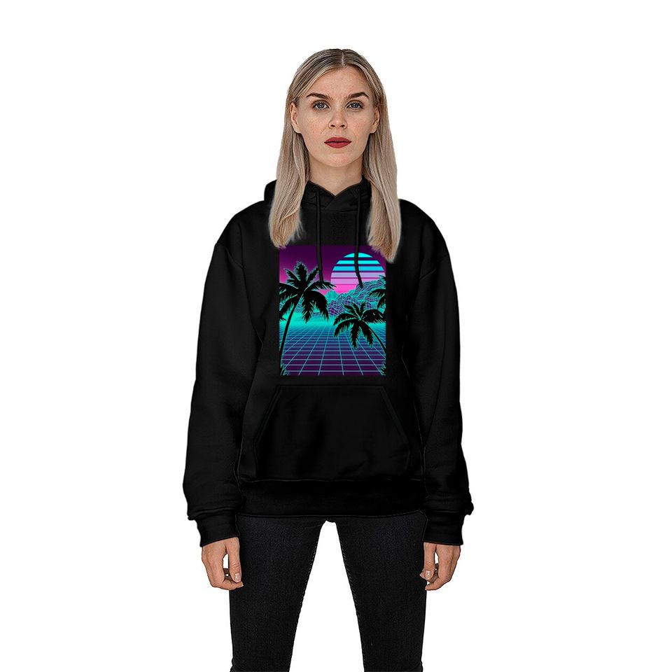 Retro 80s Vaporwave Sunset Sunrise With Outrun style grid Hoodies