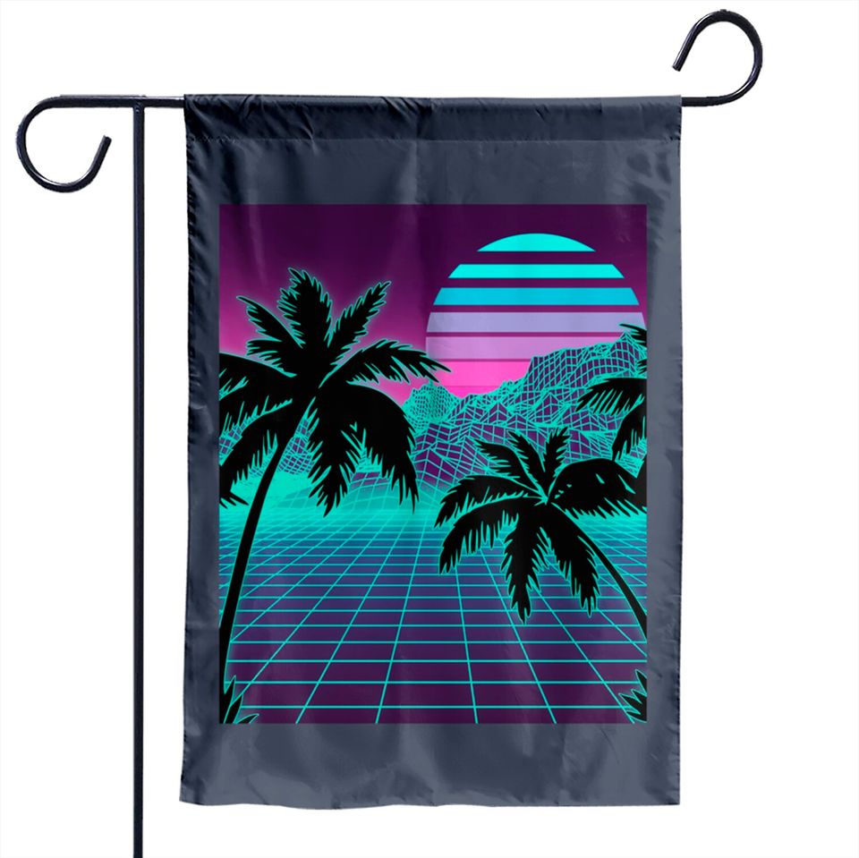 Retro 80s Vaporwave Sunset Sunrise With Outrun style grid Garden Flags