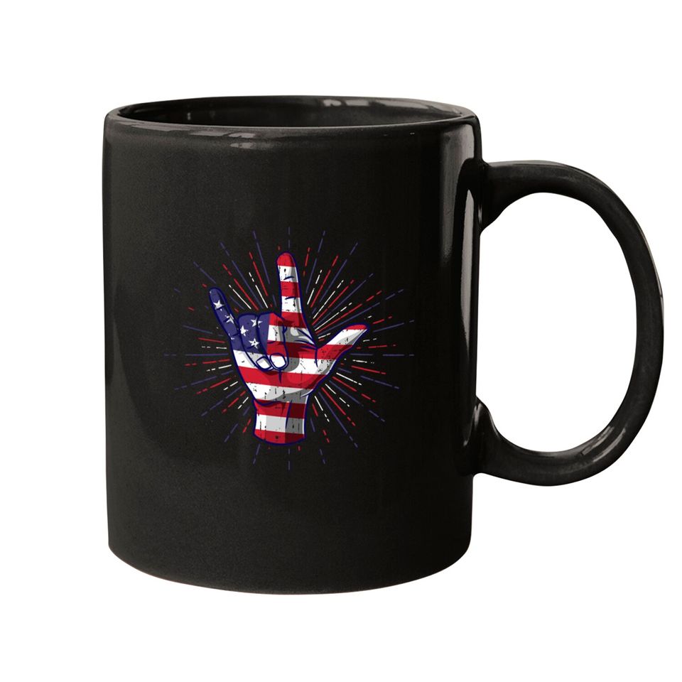 I Love You Hand Sign Gesture USA American Flag Cute - Usa America Flag - Mugs