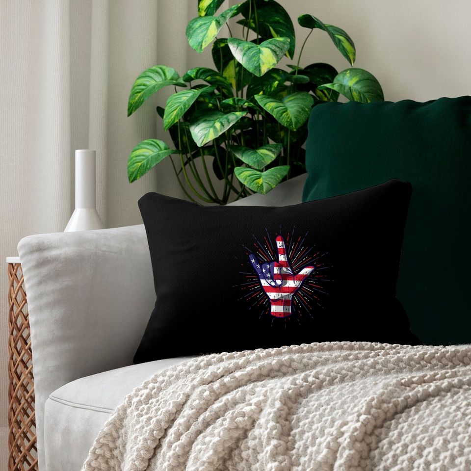 I Love You Hand Sign Gesture USA American Flag Cute - Usa America Flag - Lumbar Pillows