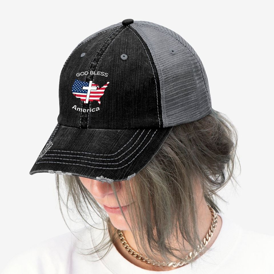 God Bless America White Cross on USA Map Trucker Hats