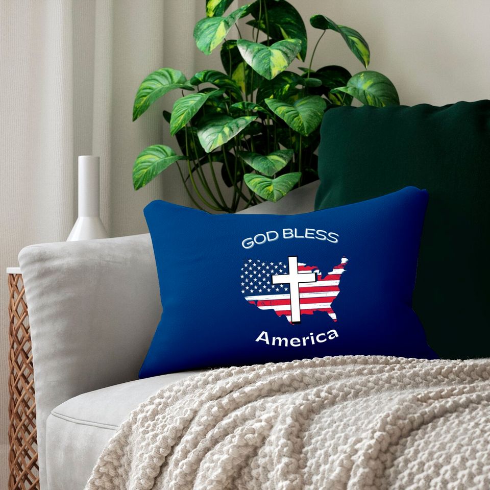 God Bless America White Cross on USA Map Lumbar Pillows