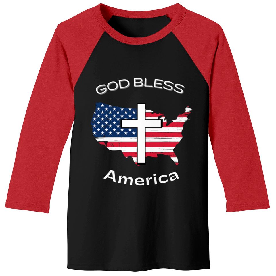 God Bless America White Cross on USA Map Baseball Tees