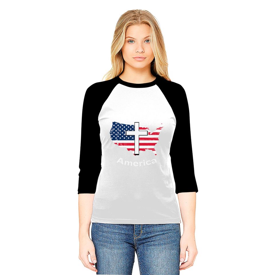 God Bless America White Cross on USA Map Baseball Tees