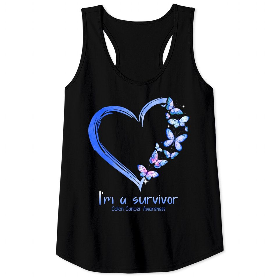 Blue Butterfly Heart I'm A Survivor Colon Cancer Awareness Tank Tops