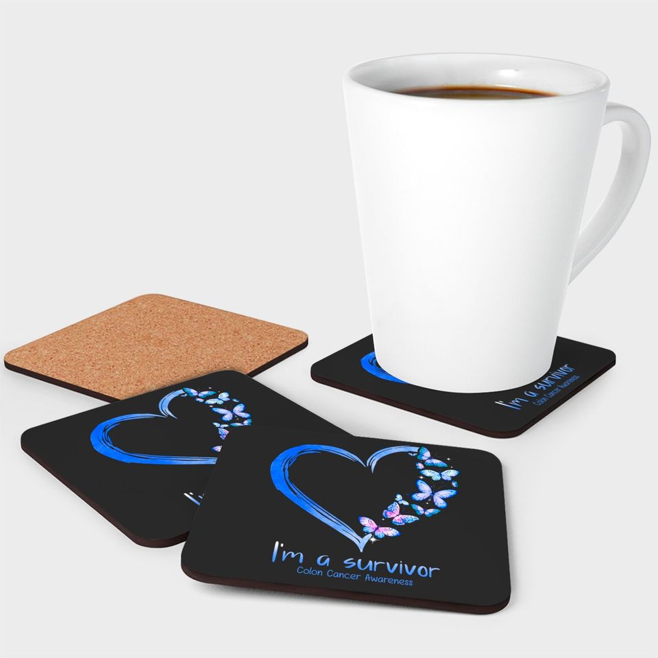 Blue Butterfly Heart I'm A Survivor Colon Cancer Awareness Coasters