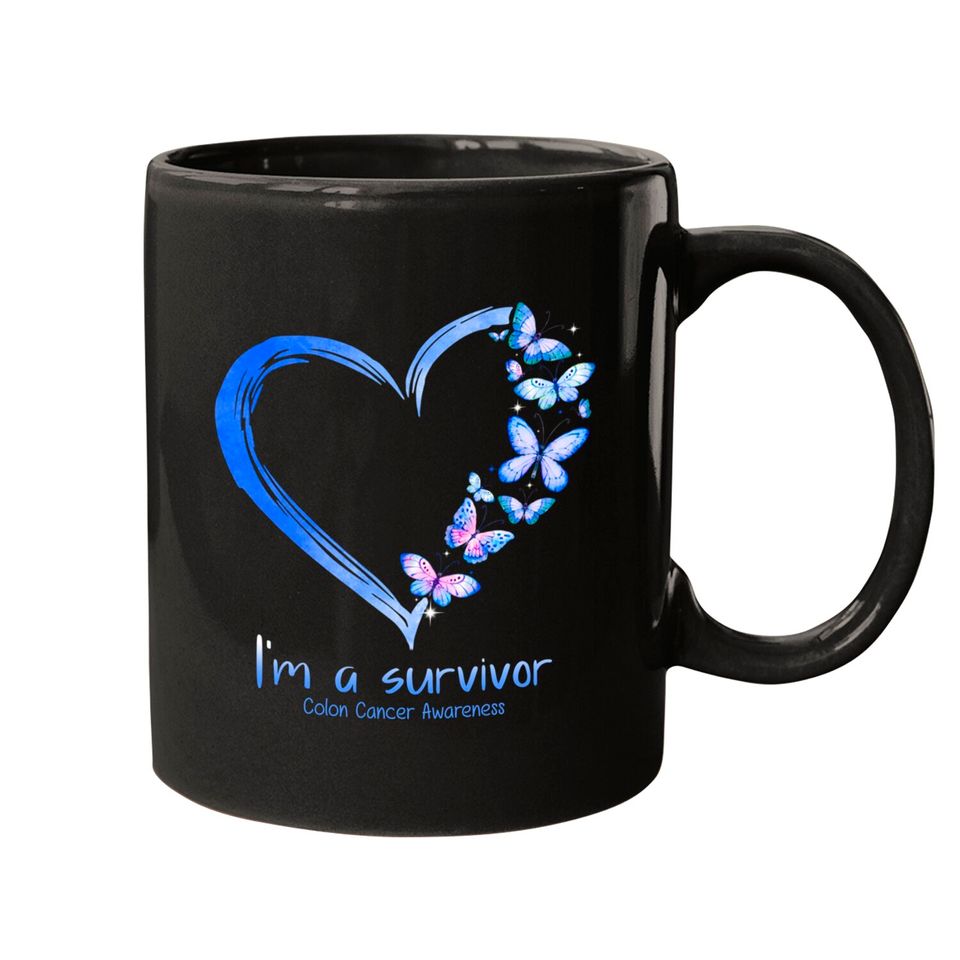 Blue Butterfly Heart I'm A Survivor Colon Cancer Awareness Mugs