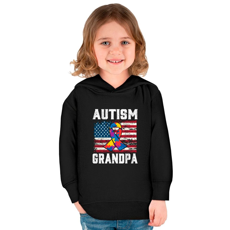 Autism Grandpa American Flag - Autism Awareness - Kids Pullover Hoodies