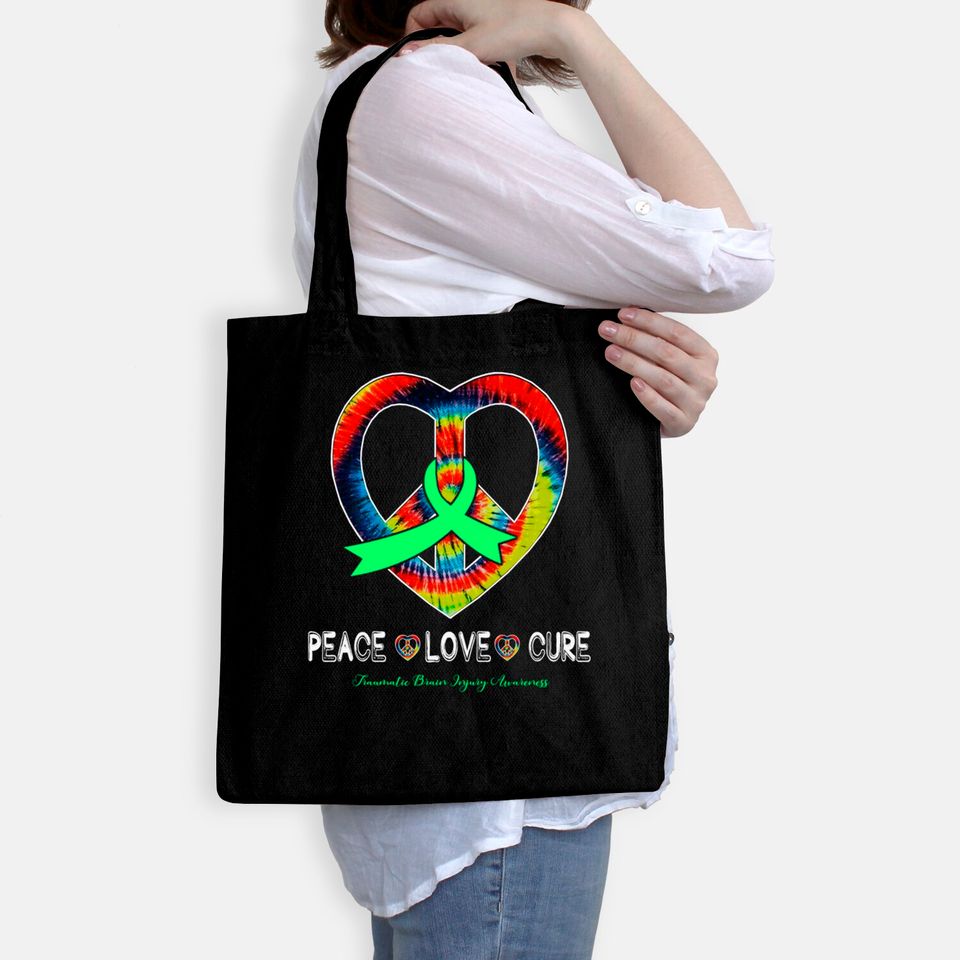 Peace Love Cure Traumatic Brain Injury Awareness Ribbon Gift - Support Traumatic Brain Injury Survivor - Bags