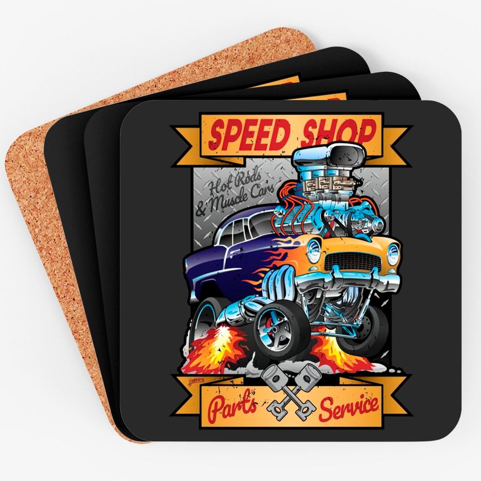 Speed Shop Hot Rod Muscle Car Parts and Service Vintage Cartoon Illustration - Hot Rod - Coasters