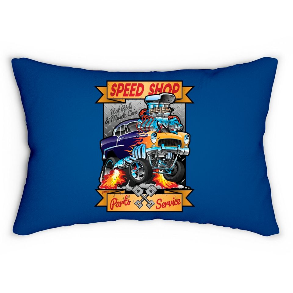Speed Shop Hot Rod Muscle Car Parts and Service Vintage Cartoon Illustration - Hot Rod - Lumbar Pillows