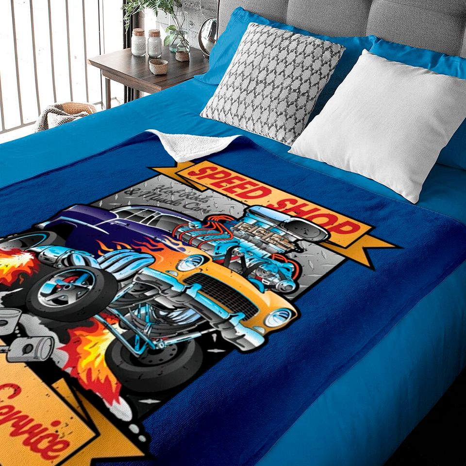 Speed Shop Hot Rod Muscle Car Parts and Service Vintage Cartoon Illustration - Hot Rod - Baby Blankets