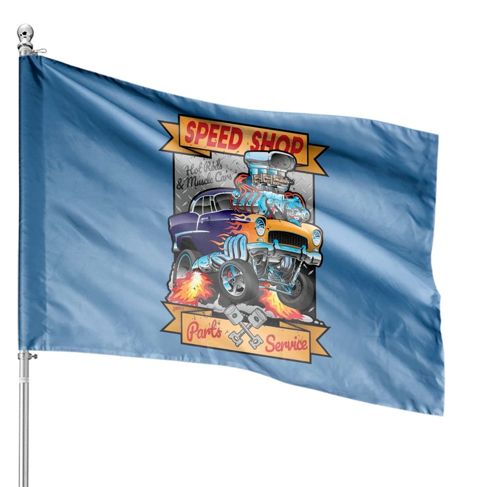Speed Shop Hot Rod Muscle Car Parts and Service Vintage Cartoon Illustration - Hot Rod - House Flags