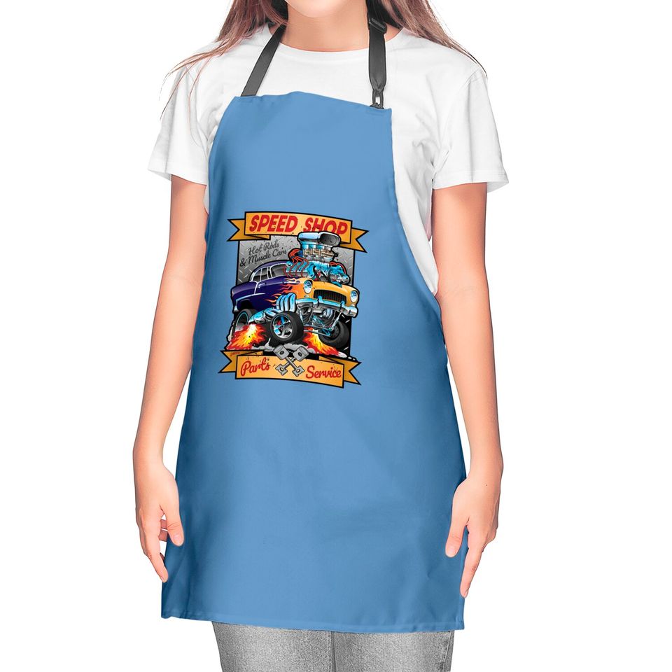 Speed Shop Hot Rod Muscle Car Parts and Service Vintage Cartoon Illustration - Hot Rod - Kitchen Aprons