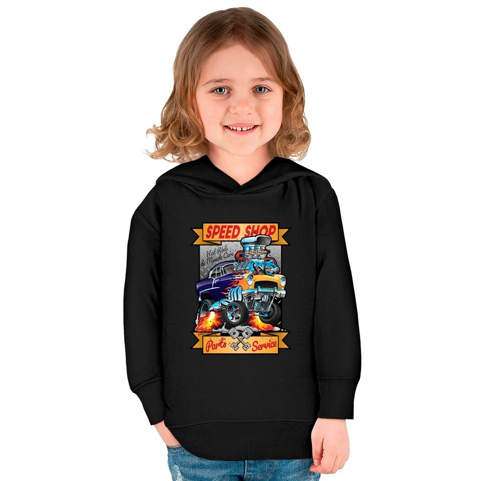 Speed Shop Hot Rod Muscle Car Parts and Service Vintage Cartoon Illustration - Hot Rod - Kids Pullover Hoodies
