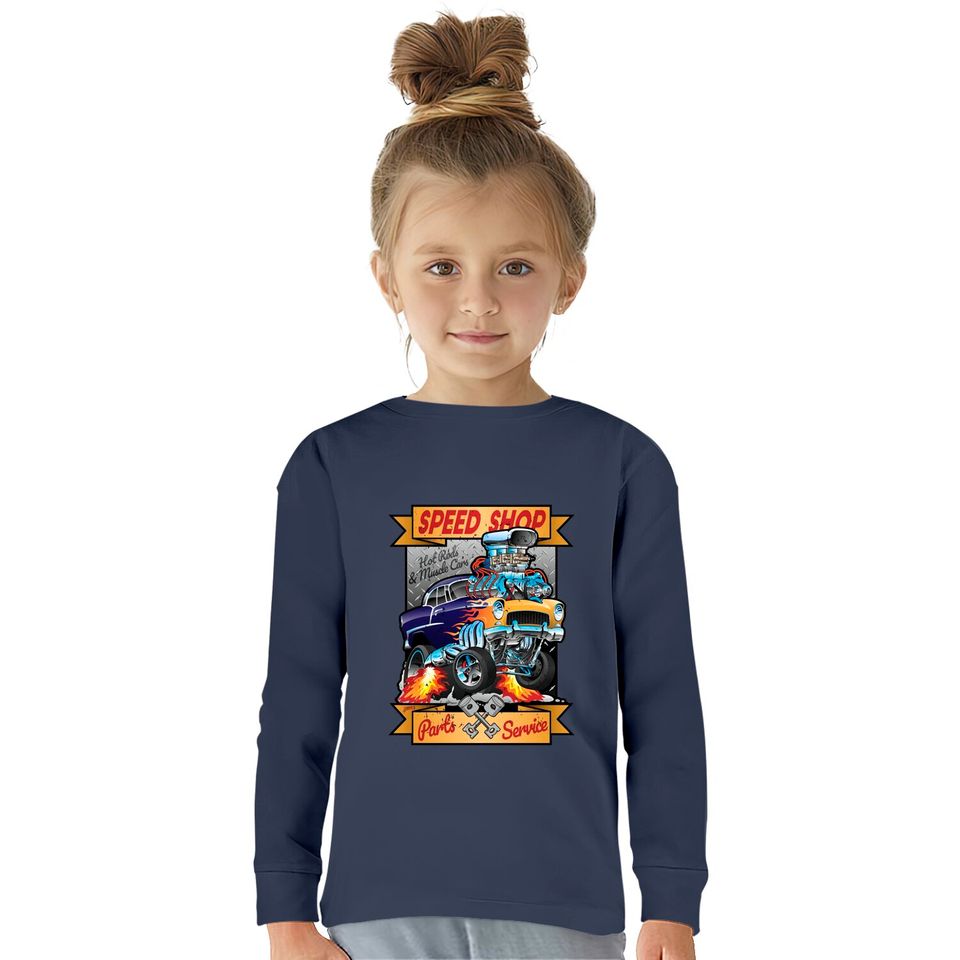 Speed Shop Hot Rod Muscle Car Parts and Service Vintage Cartoon Illustration - Hot Rod -  Kids Long Sleeve T-Shirts