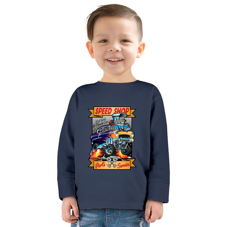 Speed Shop Hot Rod Muscle Car Parts and Service Vintage Cartoon Illustration - Hot Rod -  Kids Long Sleeve T-Shirts