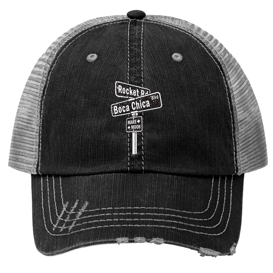 SpaceX Boca Chica Road Sign distressed design Trucker Hats
