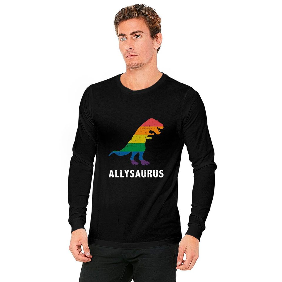 Allysaurus dinosaur in rainbow flag for ally LGBT pride - Gay Ally - Long Sleeves