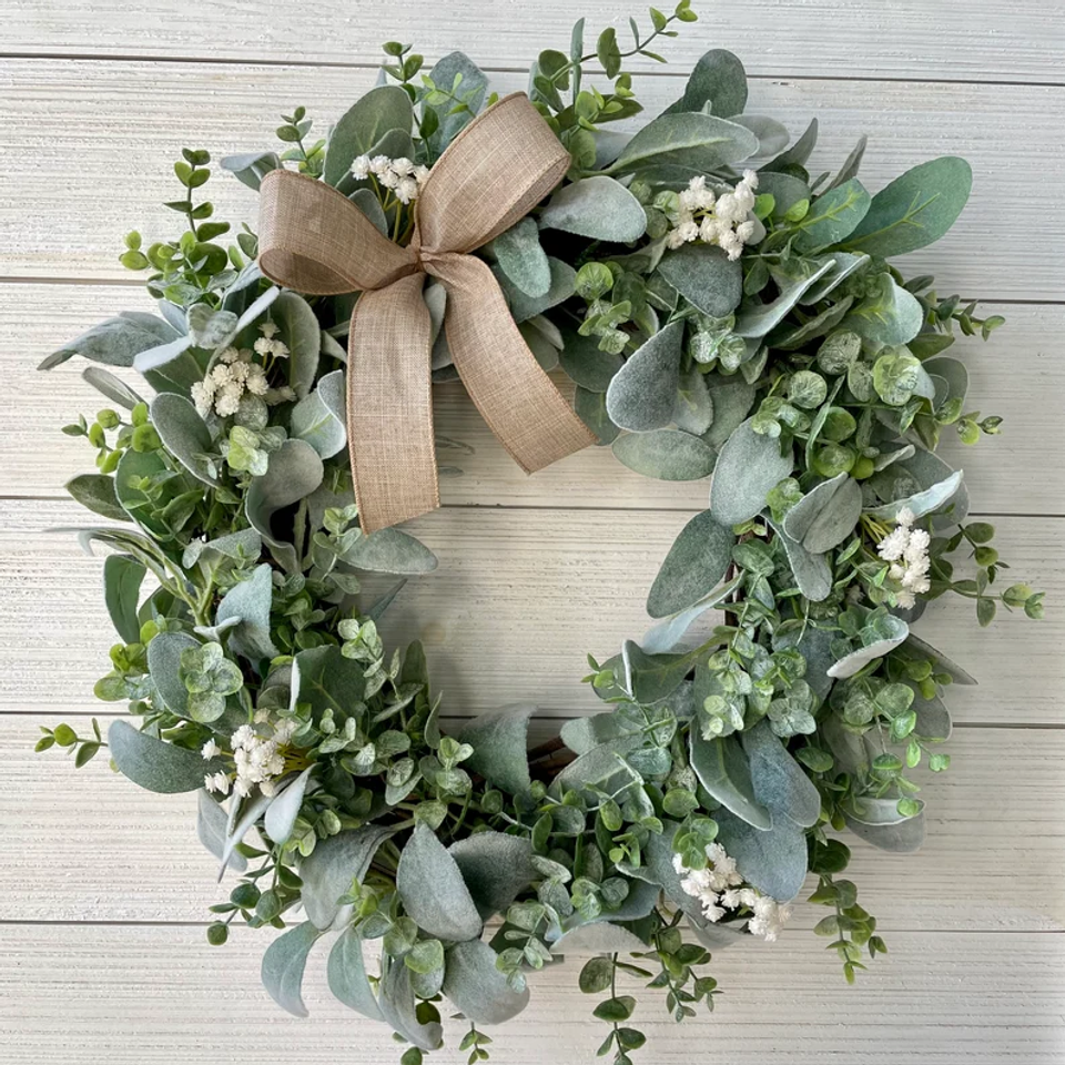 Year Round Lambs Ear Wreath, Modern Farmhouse Eucalyptus Wreath