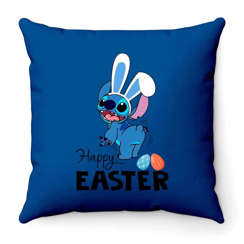 Stitch Happy Easter Throw Pillows, Disney Easter Egg Throw Pillows, Lilo & Stitch Easter Throw Pillows, Family Easter Stitch Bunny Throw Pillows